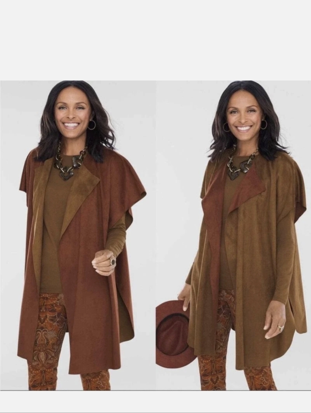 Chico's Two Tone Reversible Faux Suede Ruana Brown Brust One Size Like New